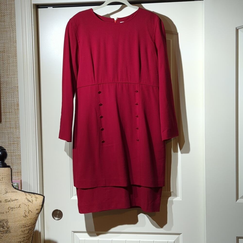 Vintage 90s Liz Claiborne Red 100% Wool Long Sleeve Apron Dress Women's Size 16